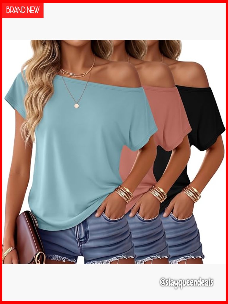 3 Pack Boat Neck Off Shoulder Tops Loose Fit Short Sleeve Tunic Tees Women